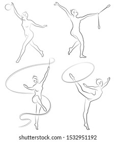 Collection. Rhythmic gymnastics. Silhouette of a girl with maces, ball, ribbon, hoop. Beautiful gymnast. The woman is slim and young. Vector illustration of a set.