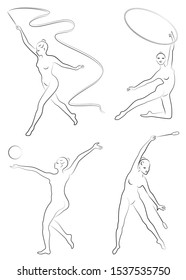 Collection. Rhythmic gymnastics. Silhouette of a girl with maces, ball, ribbon, hoop. Beautiful gymnast. The woman is slim and young. Vector illustration of a set.