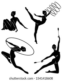 Collection. Rhythmic gymnastics. Silhouette of a girl with maces, ball, ribbon, hoop. Beautiful gymnast. The woman is slim and young. Vector illustration of a set.