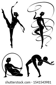Collection. Rhythmic gymnastics. Silhouette of a girl with maces, ball, ribbon, hoop. Beautiful gymnast. The woman is slim and young. Vector illustration of a set.