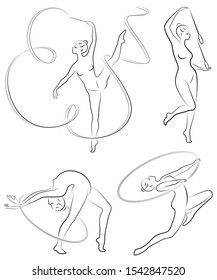 Collection. Rhythmic gymnastics. Silhouette of a girl with maces, ball, ribbon, hoop. Beautiful gymnast. The woman is slim and young. Vector illustration of a set.
