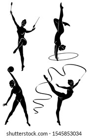 Collection. Rhythmic gymnastics. Silhouette of a girl with maces, ball, ribbon, hoop. Beautiful gymnast. The woman is slim and young. Vector illustration of a set.