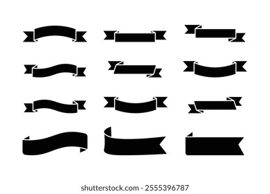 Collection of ribbon silhouettes.Collection of black ribbon silhouettes on white background.Folded ribbons for sale banners, advertising, games, applications