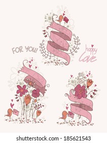 Collection with ribbons, flowers, and birds.