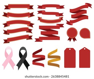 Collection of ribbons in red, pink, yellow and black on a white background. Flat Vector style