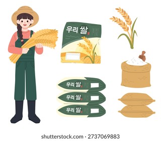 Collection of rice harvest elements with farmer, sacks and rice packaging	
