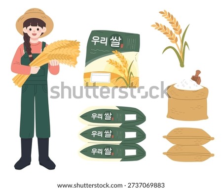 Collection of rice harvest elements with farmer, sacks and rice packaging	

