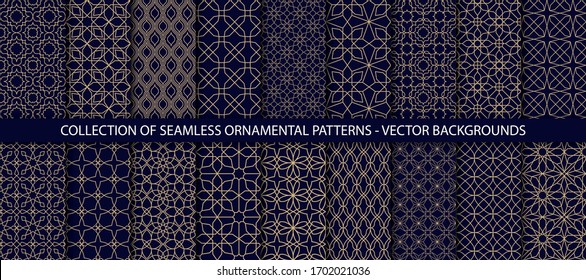 Collection of rich blue and gold oriental patterns. Backgrounds with Arabic ornaments in oriental style.