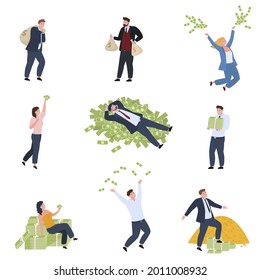 Collection rich people enjoying financial success vector flat illustration. Set happy man and woman throwing banknote, sitting and lying on money golden stack isolated. Lottery win or business wealth