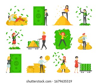 Collection of rich people vector isolated. Happy wealthy characters possess a lot of banknotes and coins. Financial success. Money bags.