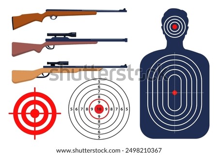 Collection of rifle. Shooting range paper target with divisions, marks and numbers. Human shoot target. Sport competition and hunting. Bullseye and aim. Vector illustration