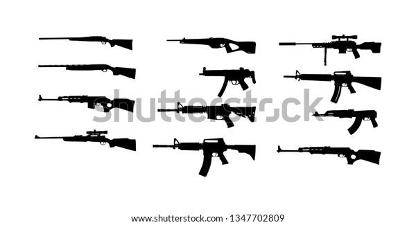 白い背景にライフルのベクターシルエットイラストのコレクション スナイパーライフルのシンボルシルエット 半自動 カービン 軍隊と警察の武器 散弾銃と銃セット 強力な致命傷 のベクター画像素材 ロイヤリティフリー