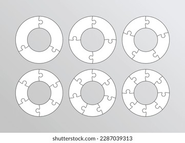Collection of ring jigsaw grids. Cutting templates with details. Scheme for thinking game background. Puzzle grids set with 3, 4, 5, 6, 7, 8 pieces. Simple mosaic. Frame tiles. Vector illustration.