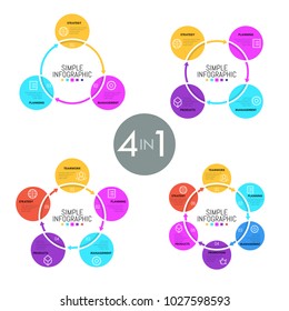 Collection of ring-like diagrams with colorful flat round elements, thin line icons and text boxes. Concept of cyclic business process. Simple infographic design template. Vector illustration.