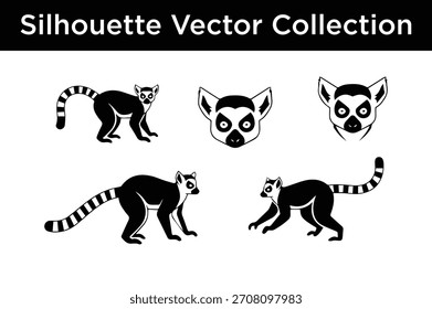Uma coleção de silhuetas de lêmure-de-cauda-anelada em várias poses e fotos na cabeça, perfeito para projetos de design, logotipos e materiais educacionais.