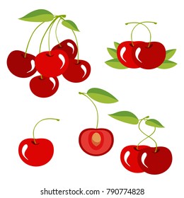 Collection of ripe cherry with stem, green leaves  isolated on a white background.