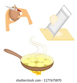 Collection. Ripe fresh potatoes are cleaned with a knife. Wipe the vegetables on an iron grater. Preparation of delicious food, potato pancakes. Vector illustration.