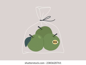 A collection of ripe green apples neatly arranged in a transparent plastic bag, forming a still life composition