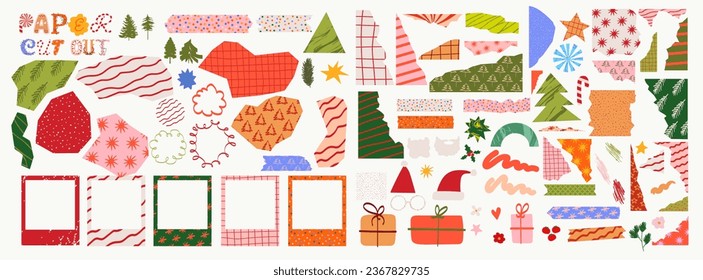 Collection of ripped christmas paper, torn paper, abstract shapes, christmas decoration for creating greeting card, holidays collage. Editable vector illustrtion.