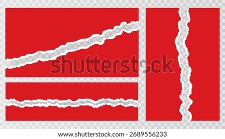 Collection of ripped red paper pieces with torn edges. Realistic shadow effect on transparent background. Vector set for design, collage, and overlay use