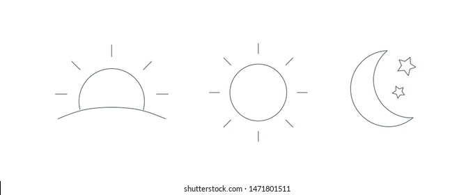 Collection of rising or setting sun, crescent moon and stars symbols. Set of day and night time outline icons. Bundle of design elements isolated on white background. Monochrome vector illustration.