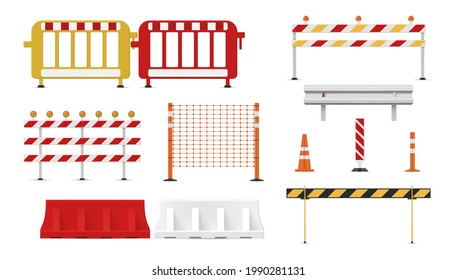 Collection of road barriers vector illustration in realistic style. Set of roadblocks construction for security and safety isolated. Barricades for stop traffic on street. Industrial warning boundary