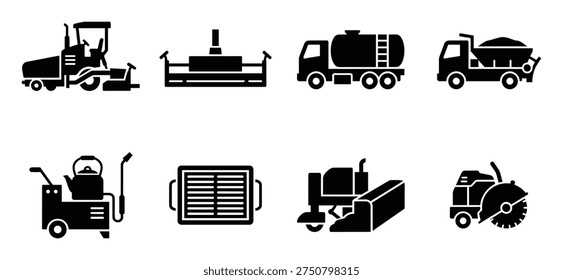 Collection of road construction vehicles including paver, compactor, tanker truck, and dump truck for infrastructure projects.