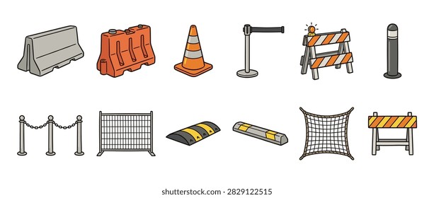 Collection of road safety equipment and crowd control barriers in a cartoon style illustration.