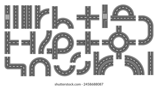 Collection Of Road Sections For Creating Intricate Maps Or Designs. Various Road Types Such As Straight Paths