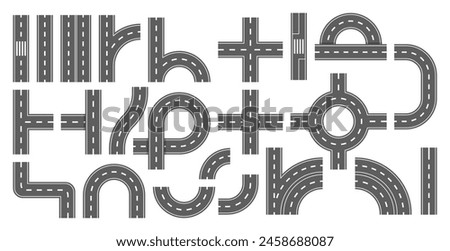 Collection Of Road Sections For Creating Intricate Maps Or Designs. Various Road Types Such As Straight Paths