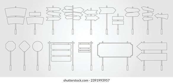 collection of road sign and arrow sign line art vector symbol illustration design, hang sign  vector design