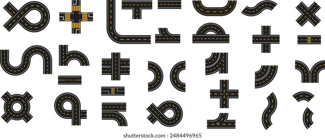 collection of road signs with arrows and arrows. City road and highway top view. Street and road. Top view Road elements. Set of Design Element for city map. Street with footpath and crossroad set.