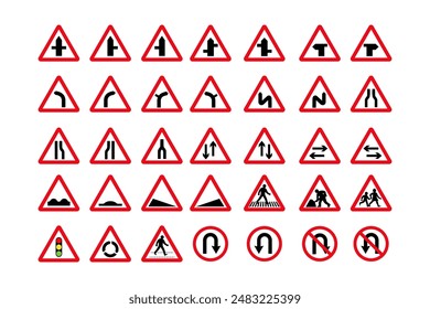 a collection of road traffic signs. isolated vector illustration of signs on roads. Traffic signal, directions, crosswalk and U-turns symbols.