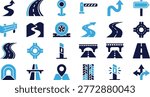 Collection of road and transportation elements featuring highway traffic signs tunnels bridges and direction icons for travel.
