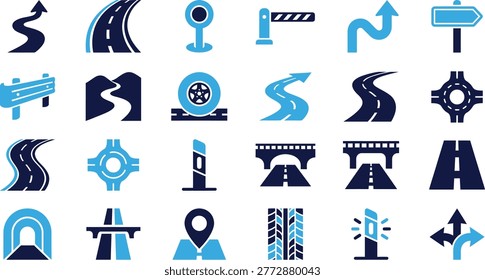 Collection of road and transportation elements featuring highway traffic signs tunnels bridges and direction icons for travel.