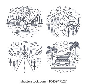 Collection of road trip touristic locations or landscapes with mountains, sea and forest trees drawn with black contour lines on white background. Monochrome vector illustration in lineart style.