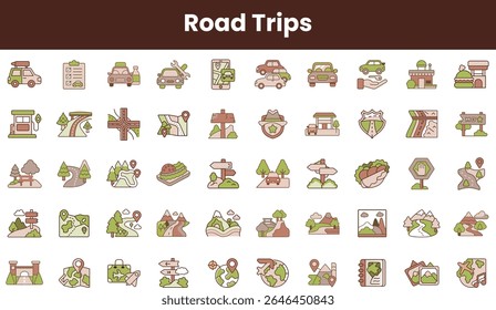 A collection of road trip-themed icons showcasing vehicles, landscapes, and travel elements in a playful, colorful design.