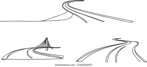 Collection of road vector line set featuring abstract highway and bridge illustrations. Winding paths and complex interchanges for transport design. Minimalist style, ideal for maps, travel, or infrastructure projects. Continuous line art depicts movement and flow.