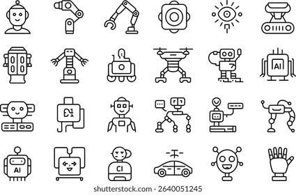 Collection of robot and ai related icon designs in outline style