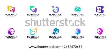A collection of robot head logos and chat bubbles, human assistants, modern technology, vector graphic design.