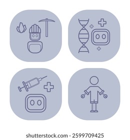 Collection of robot icons representing themes of healthcare, science, and technology. Each icon highlighting different functions like diagnostics and treatment