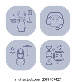 Collection of robot icons representing various activities, including cooking, mining, and health-related tasks, illustrating their diverse roles in society
