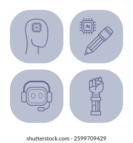 Collection of robot icons showcasing head with AI chip, pen, headset with face, and robotic hand. Robotics and artificial intelligence concept
