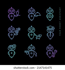 A collection of robotic assistants with various tools and outfits. Vector illustration. EPS 10