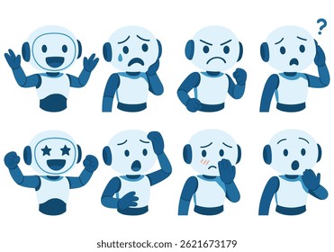 Collection of robotic character expressing various emotions with a playful and modern approach for children