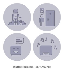 Collection of robotic icons representing different tasks, including robot cleaning, person at door, smiling character communicating, and device playing music