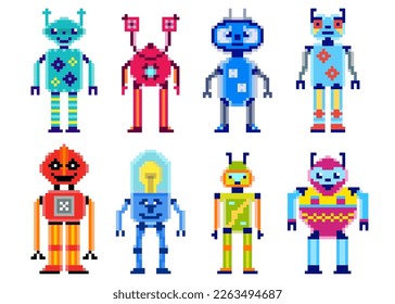 Collection of robots in pixel style on white background.