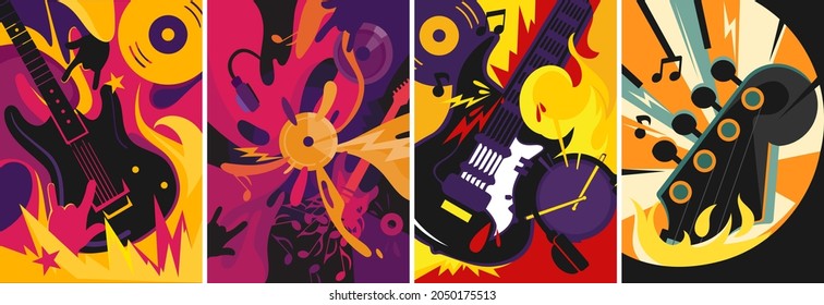 Collection of rock music posters. Placard designs in abstract style.