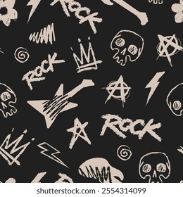 A collection of rock music themed designs featuring skulls lightning bolts guitars and anarchy symbols against a black background showcasing the edgy style of rock culture.