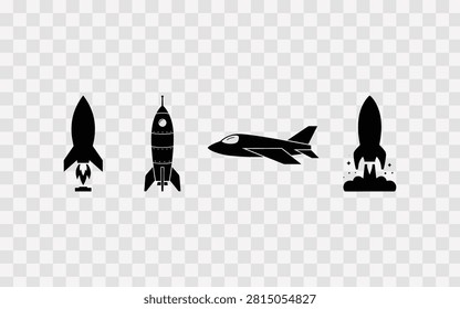 Collection of rocket and aircraft icons, space exploration and aviation symbols, silhouettes of launch vehicles and a fighter jet